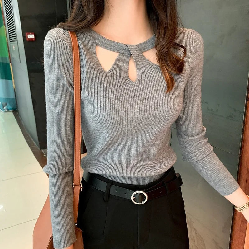 New Autumn and Winter Women's Slim  Stretch Sexy Pullover Hollow Solid Color Sweater Slim Bottoming Shirt  Sweater Ladies