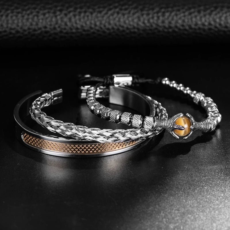 Conjunto de lujo de pulseras para hombre, de acero inoxidable, hechas a mano, con cuerda, pulseras de águila para hombre con piedra natural de ojo de tigre, accesorios de regalo