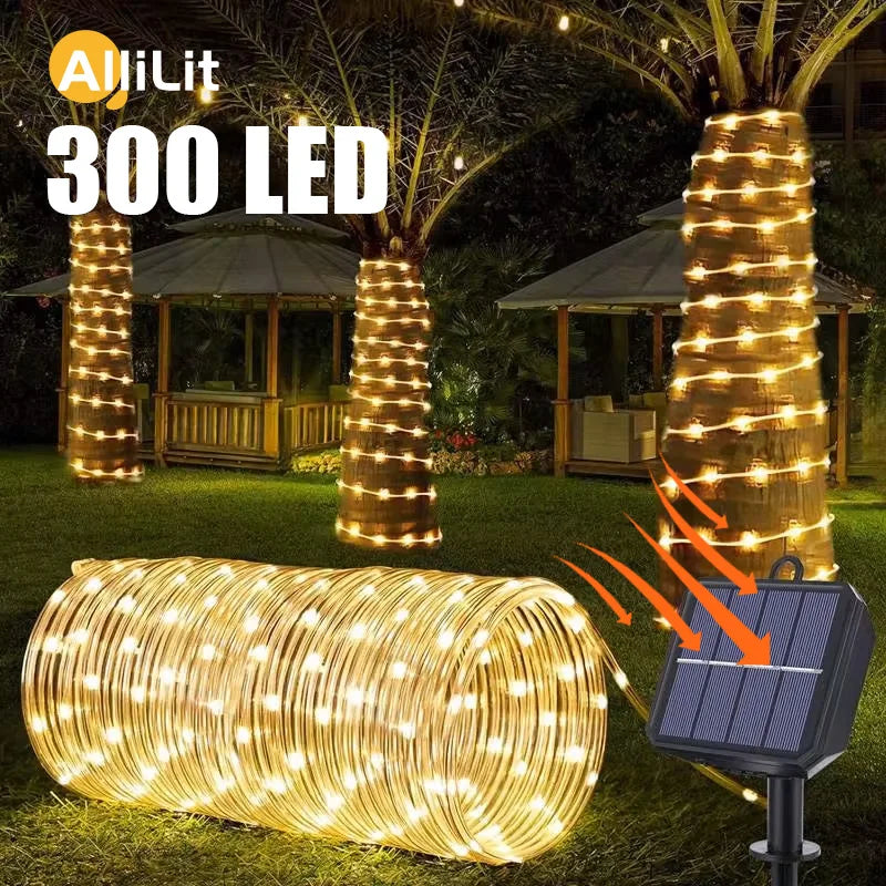 300Led Outdoor Solar Tube Rope Led Fairy Light Garden Christmas Decoration Xmas Wedding Garland Waterproof String Light Strip