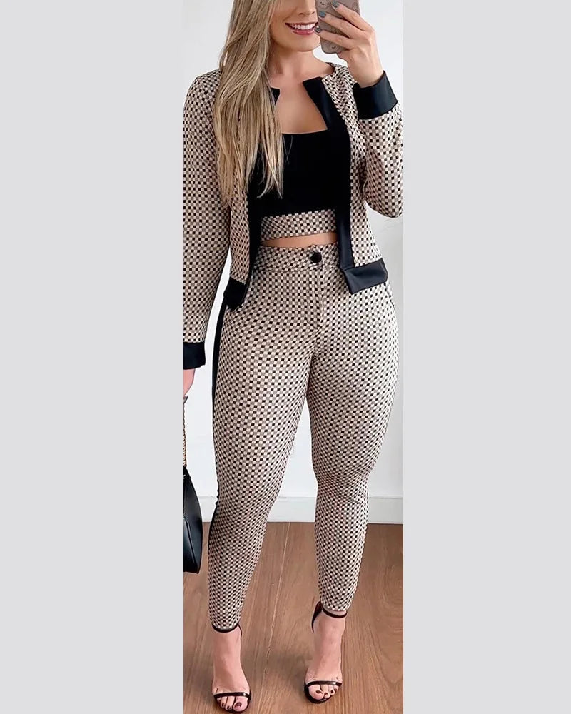 Conjuntos de ropa para mujer, primavera otoño 2024, conjunto de 3 piezas, top corto con estampado a cuadros y pantalones, conjunto con abrigo, conjunto elegante informal de moda para mujer