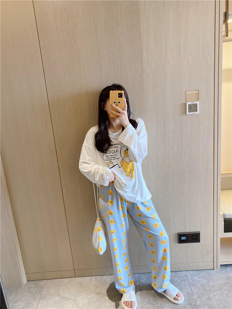 Disney Donald Duck new women's pajamas autumn cotton long-sleeved trousers two-piece set silk pajamas women's loungewear set