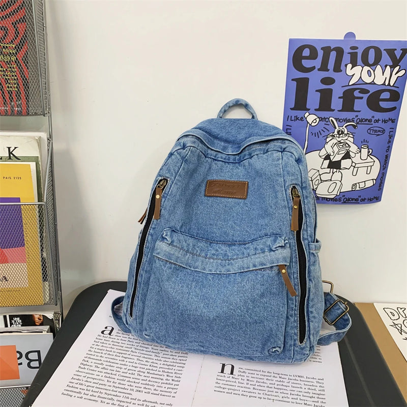 Mochilas de moda de mezclilla para la escuela, tendencia para estudiantes, bolsa de jeans, múltiples bolsillos, mochila de gran capacidad, mochila escolar femenina 2023