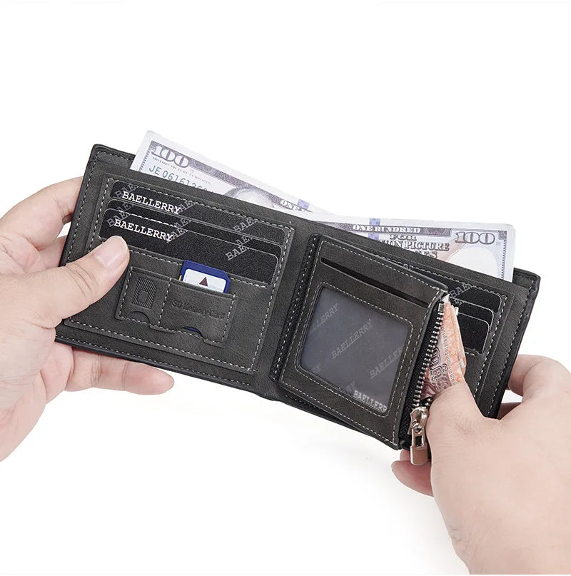 2024 Fashion PU Leather Men's Wallet Short Zipper Card Holder Simple Slim Coin Pocket Leisure Short Wallet