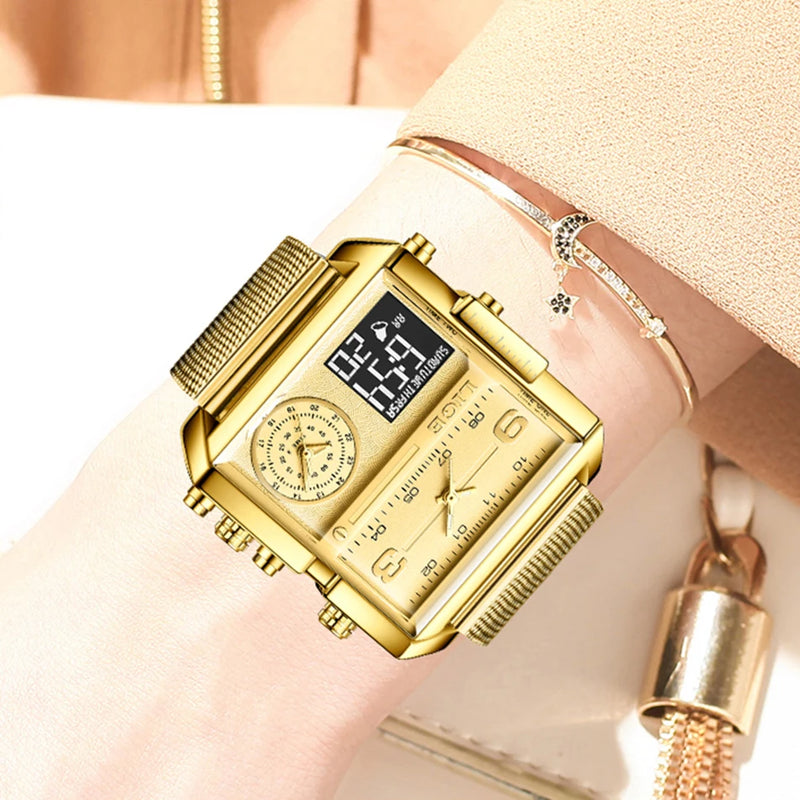 LIGE 2023 Nuevo reloj dorado para mujer, marca superior, relojes cuadrados creativos de lujo, reloj de pantalla dual de moda para mujer, reloj femenino + caja