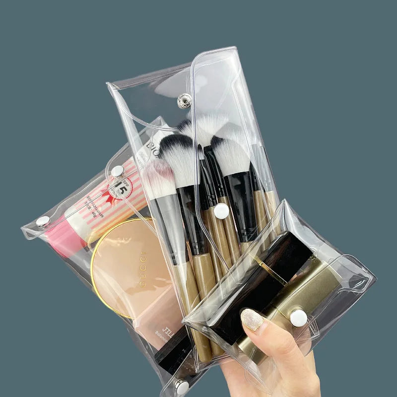 Bolsa de maquillaje transparente, organizador de cosméticos, estuche de viaje portátil para brochas de maquillaje, juego de almacenamiento de PVC transparente, artículos de tocador para baño