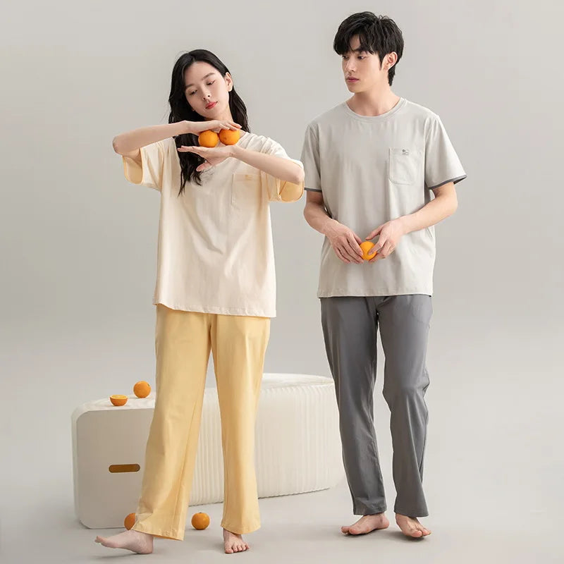 Couple Pajamas Summer Cotton Short Sleeve Trousers Sleepwear men's women's 2024 new simple loungewear pijama feminino Hombre