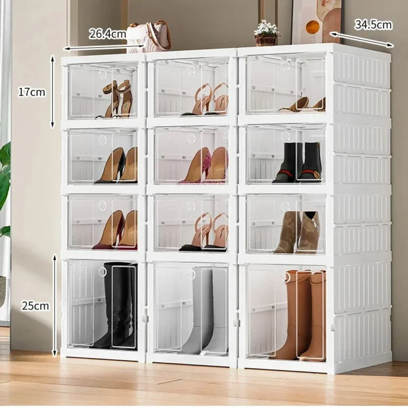 Organizador de zapatos, cajas de almacenamiento de zapatos de plástico plegables para zapatillas, apilables, a prueba de polvo, gabinete transparente, estante para zapatos de varias capas