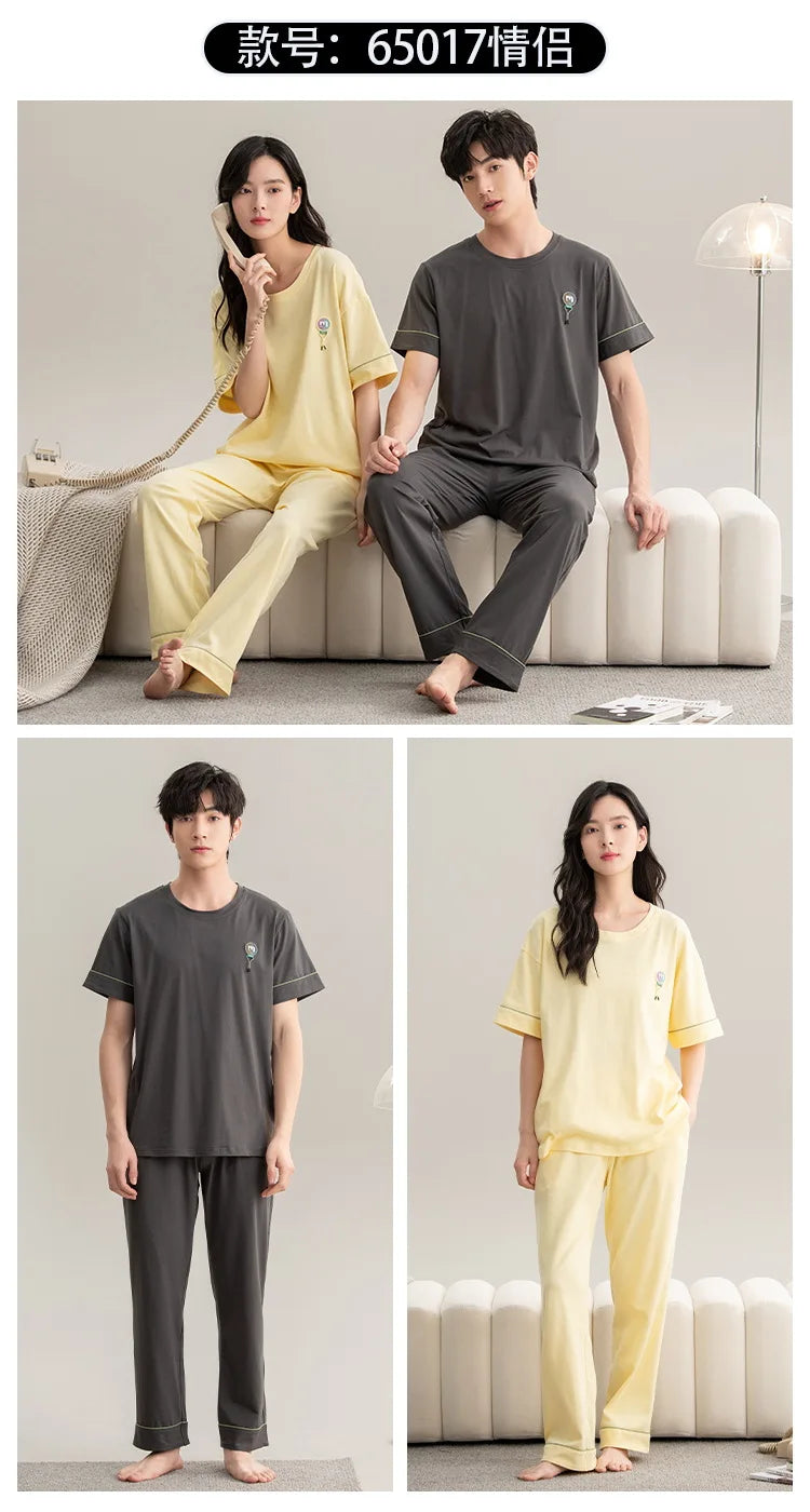 Couple Pajamas Summer Cotton Short Sleeve Trousers Sleepwear men's women's 2024 new simple loungewear pijama feminino Hombre