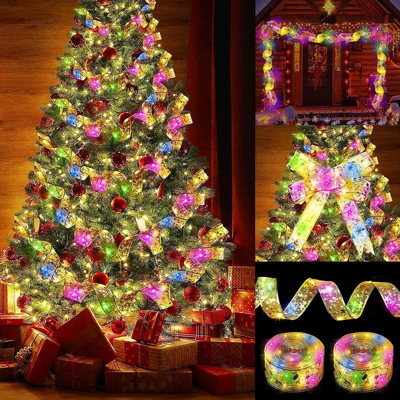 Cinta de luces LED para árbol de Navidad, funciona con pilas, guirnalda de luces, lazos de cinta, decoración de pared para fiestas, bodas y Navidad