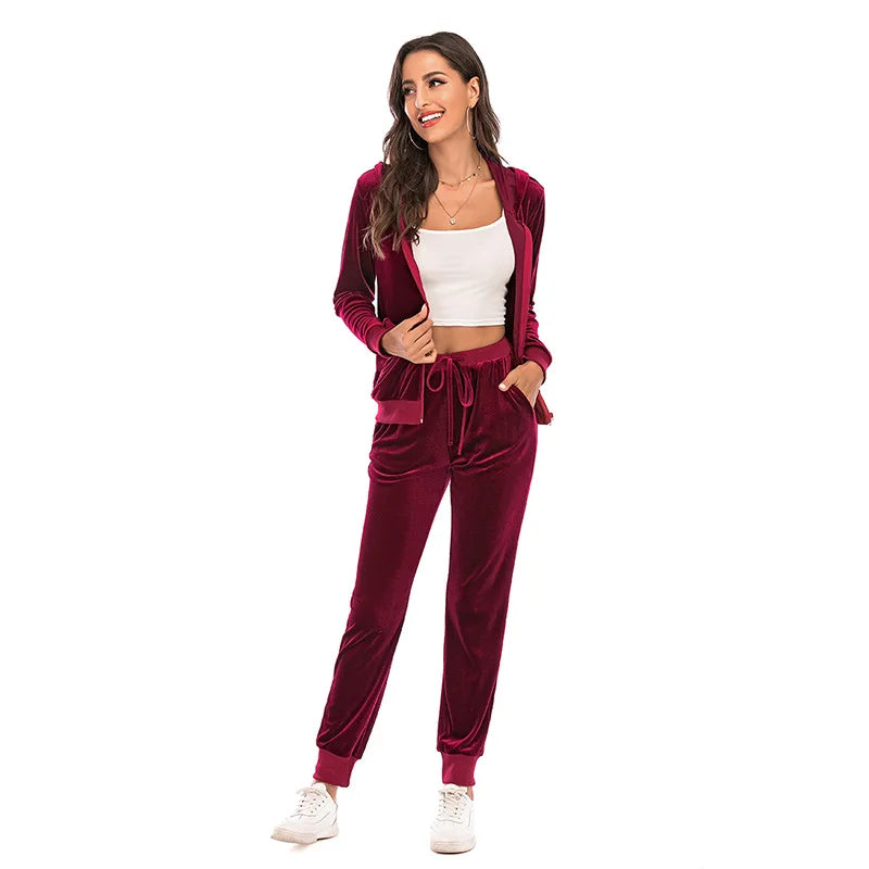 Velour Tracksuit Womens 2 Piece Sweatshirt & Sweatpants Set Full Zip Hoodie Sweatsuit with Pockets Casual Sportswear Autumn