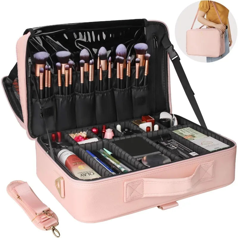 Estuche de viaje para maquillaje, organizador de cosméticos y maquillaje, bolsa de almacenamiento portátil para artistas con divisores ajustables