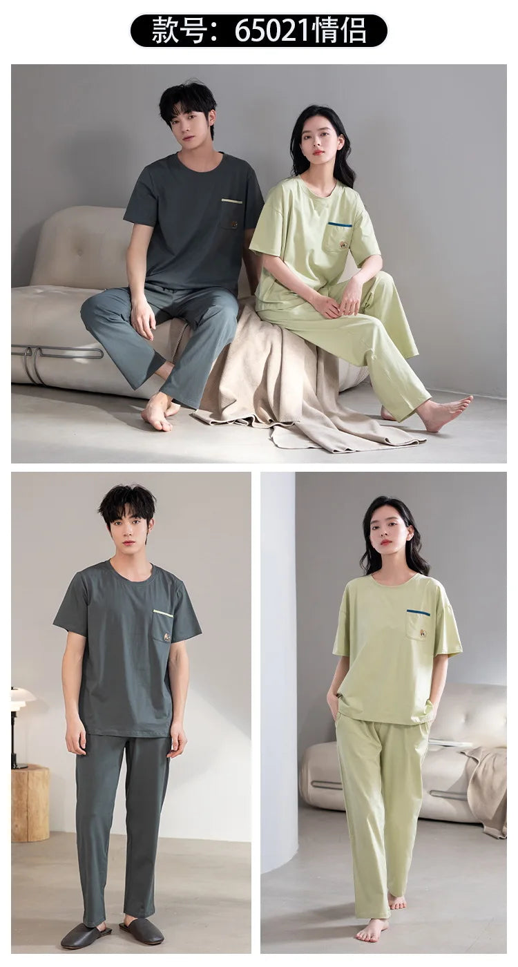 Couple Pajamas Summer Cotton Short Sleeve Trousers Sleepwear men's women's 2024 new simple loungewear pijama feminino Hombre