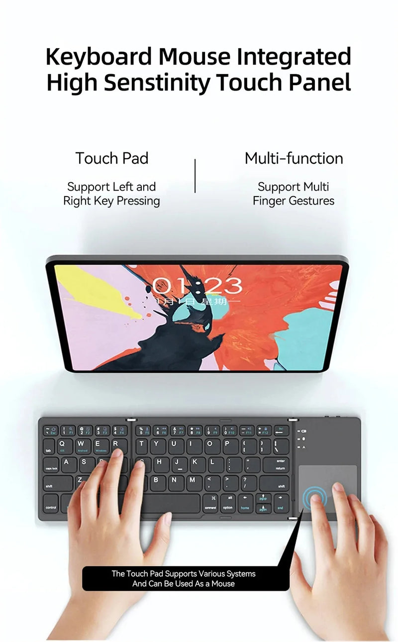 Mini teclado inalámbrico plegable con Bluetooth y panel táctil para teléfonos Windows, Android, iPad, recargable