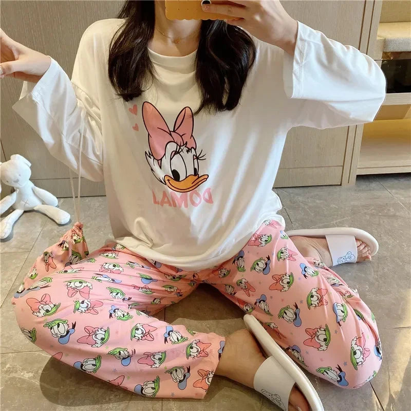 Disney Donald Duck new women's pajamas autumn cotton long-sleeved trousers two-piece set silk pajamas women's loungewear set