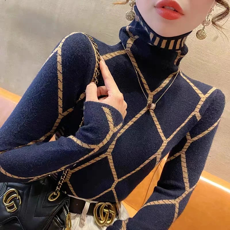 Early Spring Women's Slim Knitted Sweaters Turtleneck Fashion Vintage Simple Pullovers Female Top Daily Commuting Knitwear