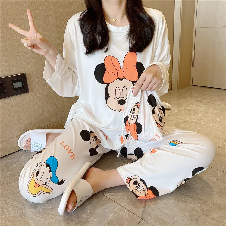 Disney Donald Duck new women's pajamas autumn cotton long-sleeved trousers two-piece set silk pajamas women's loungewear set