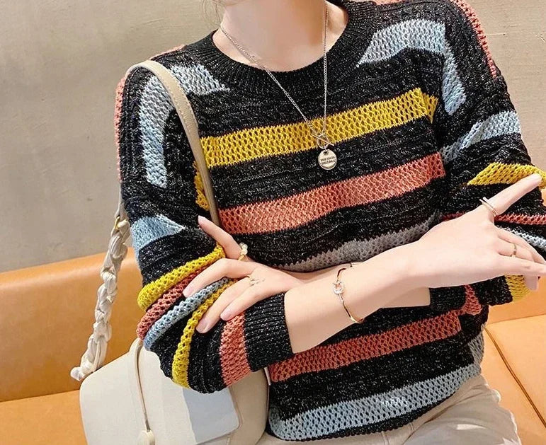 Women's Sweater Round O Neck Knit Tops for Woman Blue Mesh Pullovers Y2k Vintage Trend 2024 Korean Luxury Cold Winter Fashion