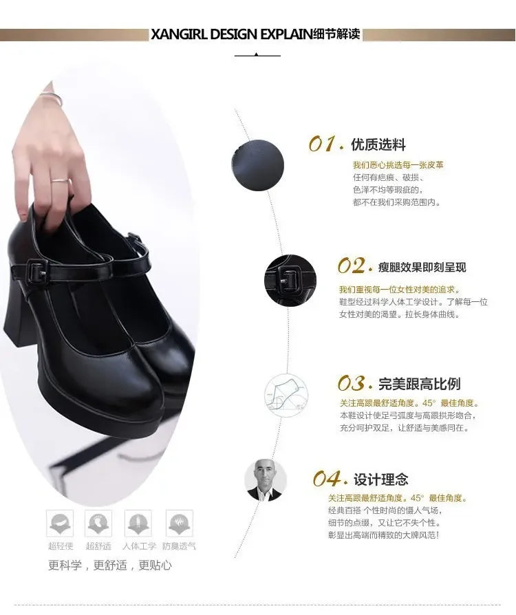 Women's Black high heels Pumps Catwalk sandals Soft-soled Leather Thick Heels Large Size Women's Shoes Elegant woman heels