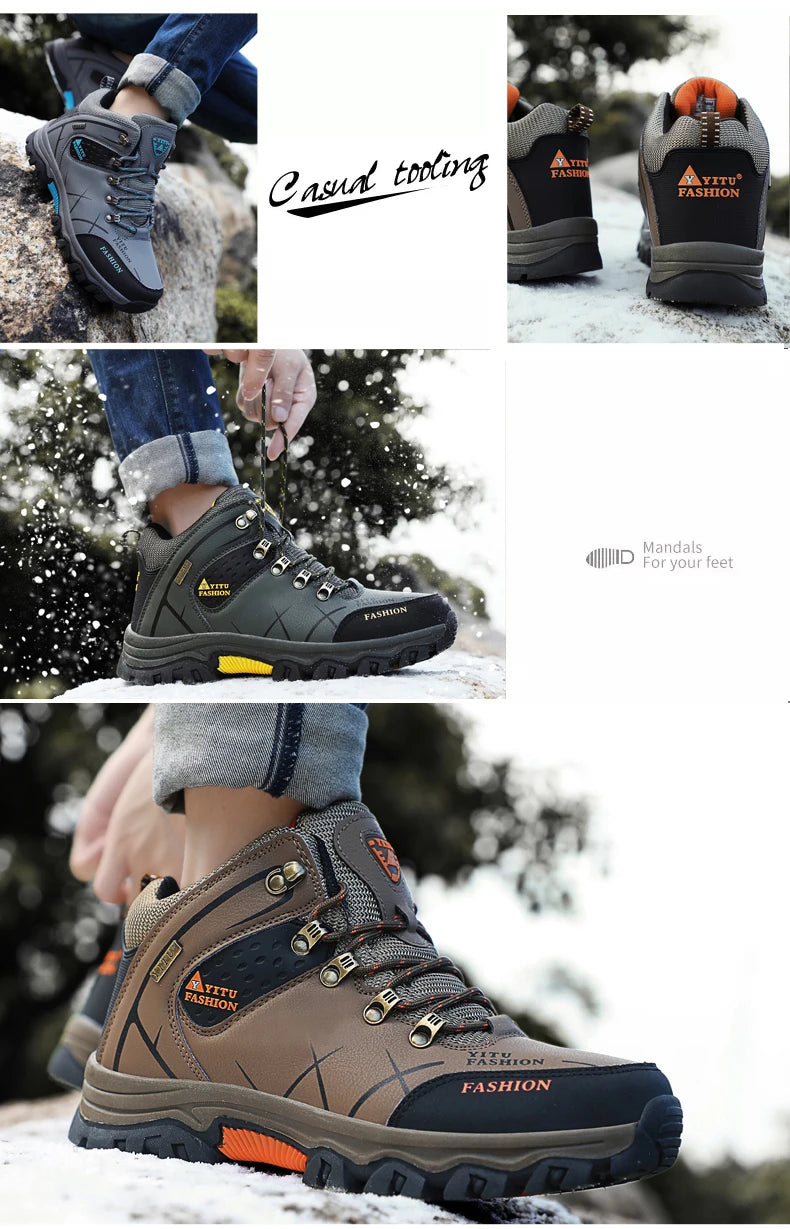 Botas de nieve de invierno para hombre, zapatillas de cuero impermeables, botas muy cálidas para hombre, botas de senderismo para exteriores, zapatos de trabajo, talla 39-47