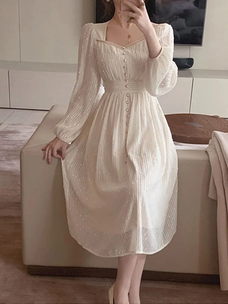 2024 Summer New Women Fashion Elegant White Midi Dresses Vintage Princess Female Party A Line Clothes Prom Robe Vestdios