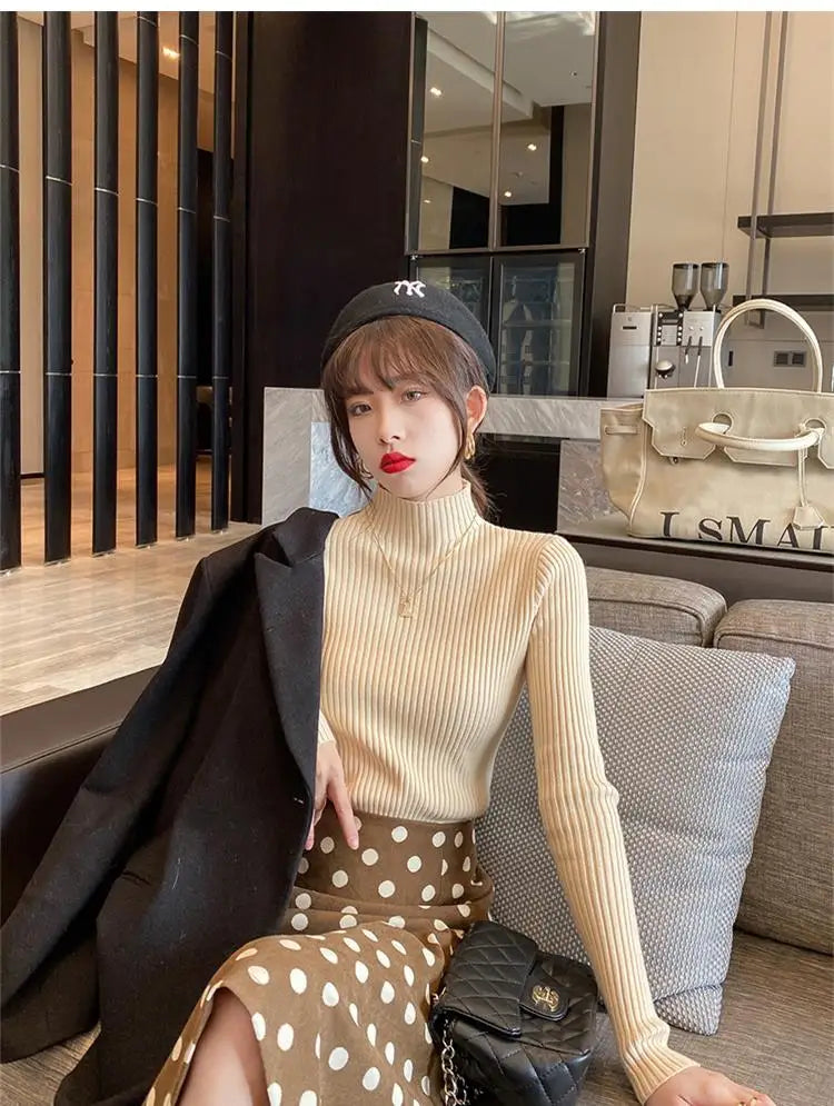 Epligg Women Turtlneck Sweater Long Sleeve Casual Slim Pullover Fashion Simple Chic Clothes Elegant Solid Basic Knitted Tops