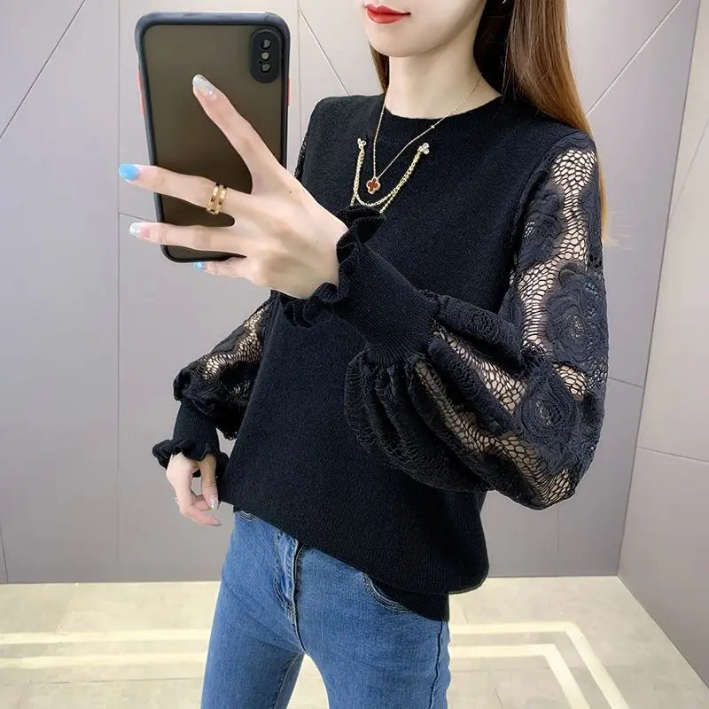 2023 New Spring and Autumn Round Neck Pullover Hollow Out Sweater Women's Knitted Loose Lace Fashion Casual Top Chain Trend