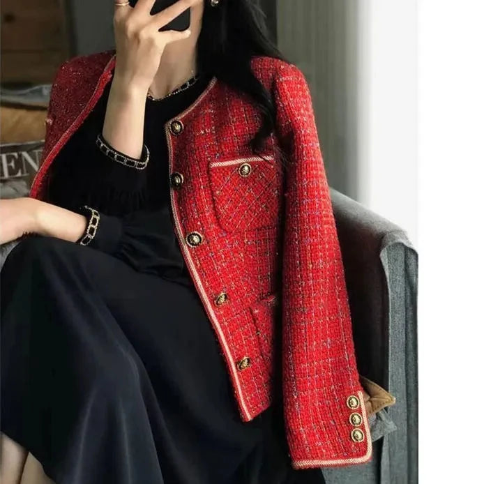 CJFHJE Red Tweed Blazers Women New Autumn Winter Loose O-Neck Single-Breasted Suit Jacket Female Korean Style Elegant Lady Coats