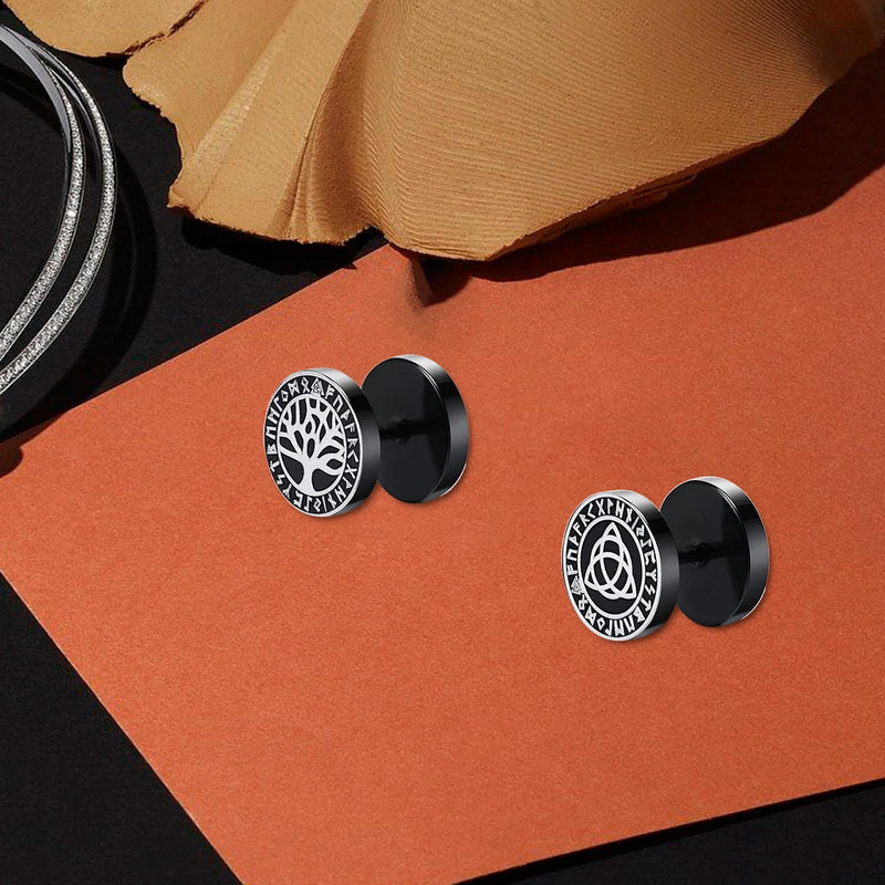 Pendientes de tuerca con diseño de runas vikingas nórdicas góticas para hombres y niños, de acero inoxidable, estilo rock punk, con cabeza de lobo y brújula, con nudo celta, color negro