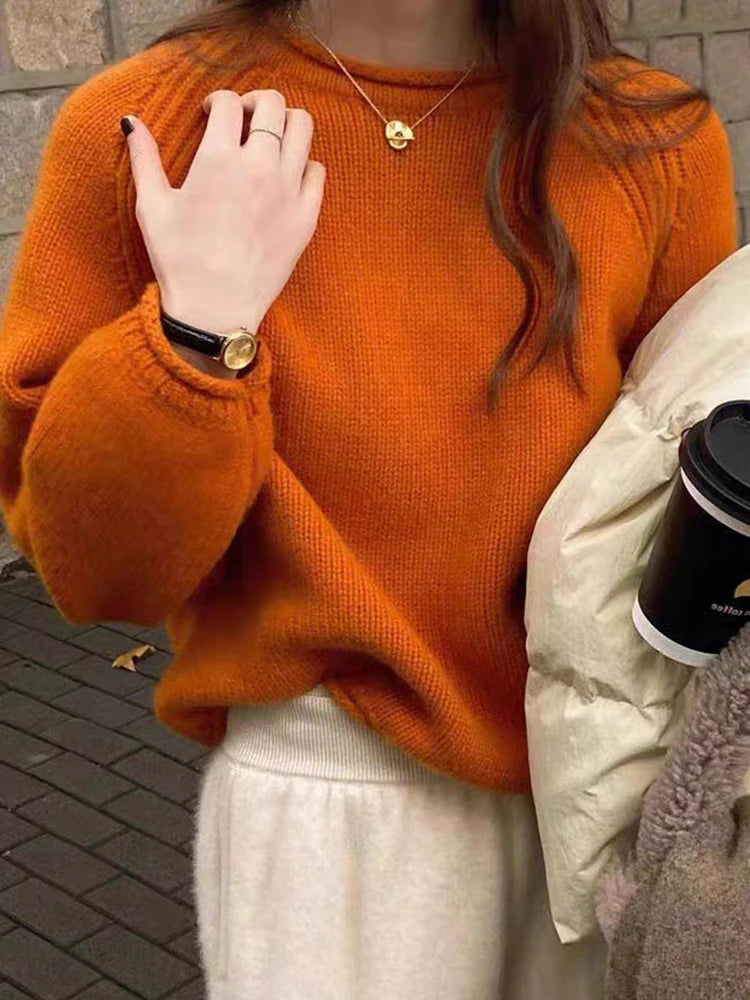 Suéter holgado de manga larga Harajuku para mujer, jerséis coreanos de otoño e invierno, prendas de punto, tops suaves y cálidos, suéter elegante de color liso para mujer