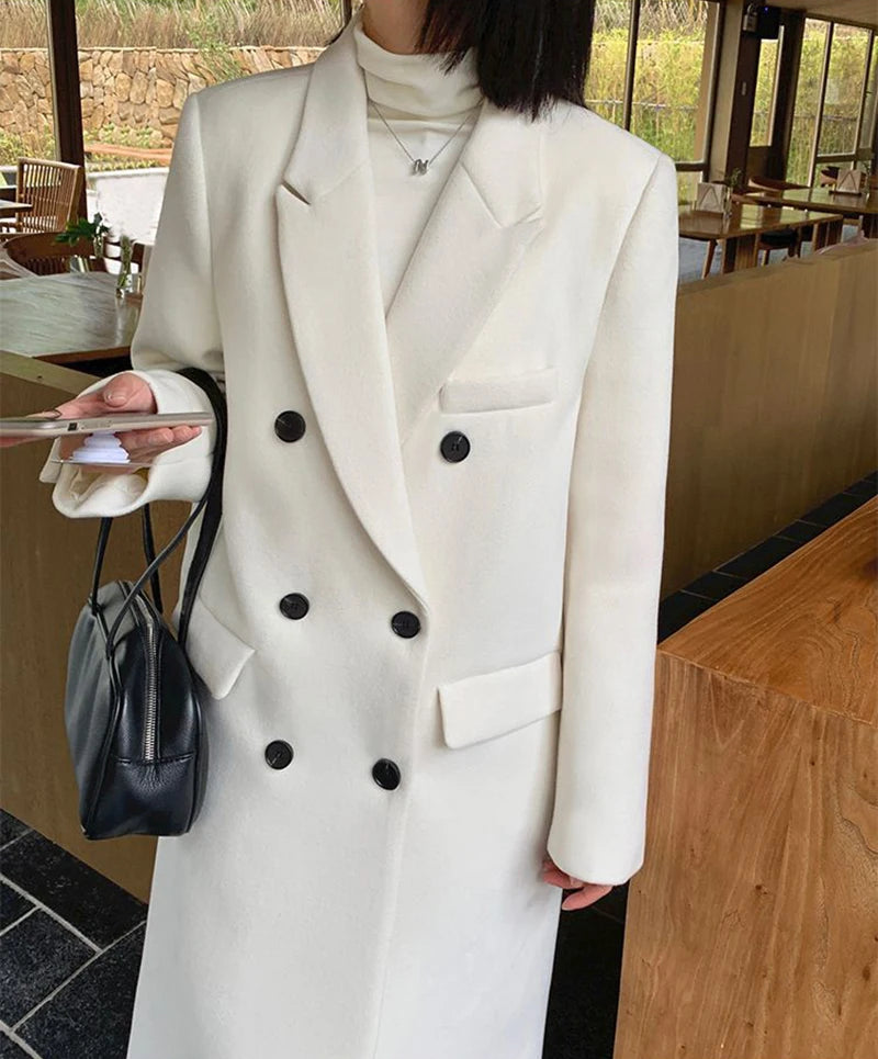 Elegant Long Wool Coats Women Streetwear Quilted Jacket Korean Double Breasted Woolen Overcoat Winter Oversized Thick Outwear