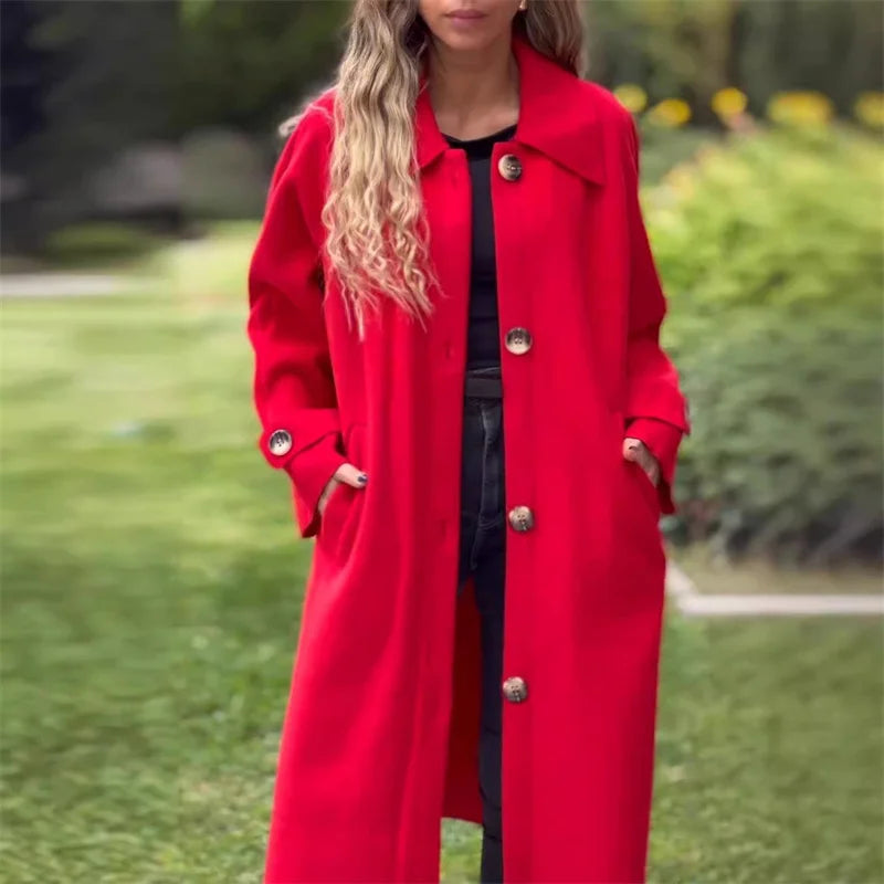 Autumn Winter Single-breasted Cardigan Tweed Jacket Women Large Lapel Double Pockets Long Outerwear Female Casual Commuter Coat