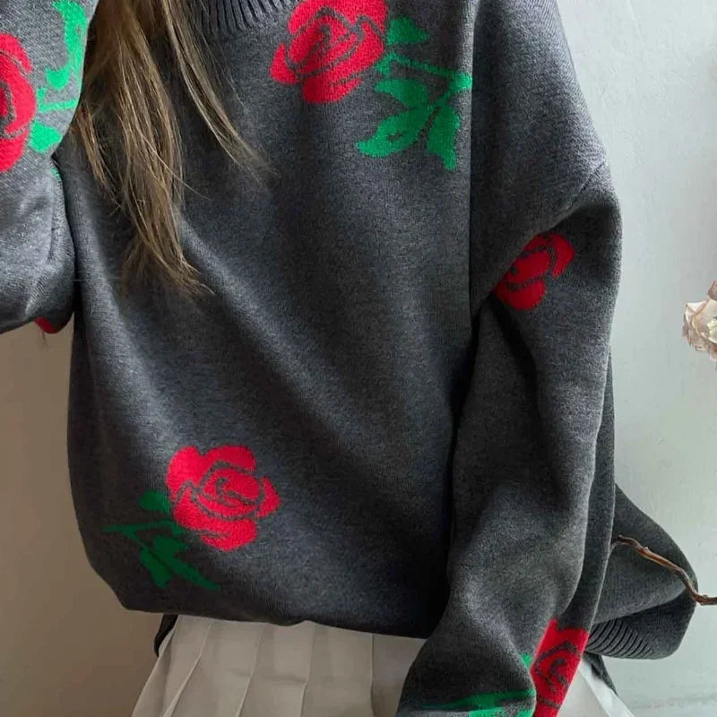 Women Elegant Flower Printed Knitted Jumper Top Chic Round Neck Long Sleeves Loose Pullovers Autumn Lady Fashion Streetwear 2024