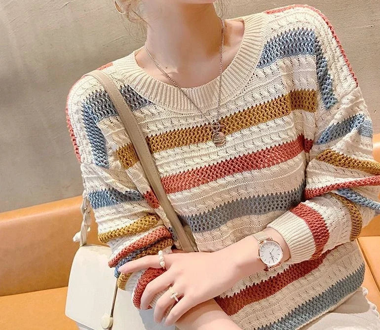 Women's Sweater Round O Neck Knit Tops for Woman Blue Mesh Pullovers Y2k Vintage Trend 2024 Korean Luxury Cold Winter Fashion