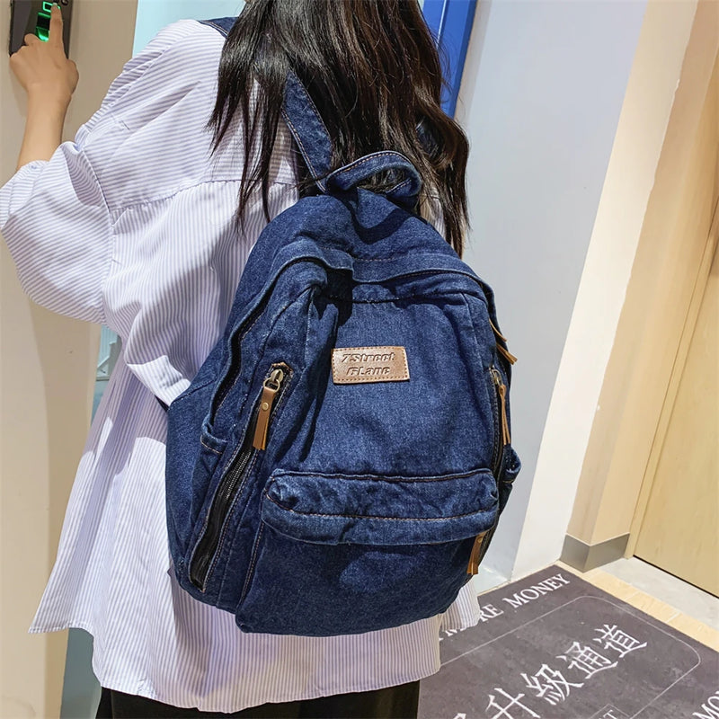 Mochilas de moda de mezclilla para la escuela, tendencia para estudiantes, bolsa de jeans, múltiples bolsillos, mochila de gran capacidad, mochila escolar femenina 2023