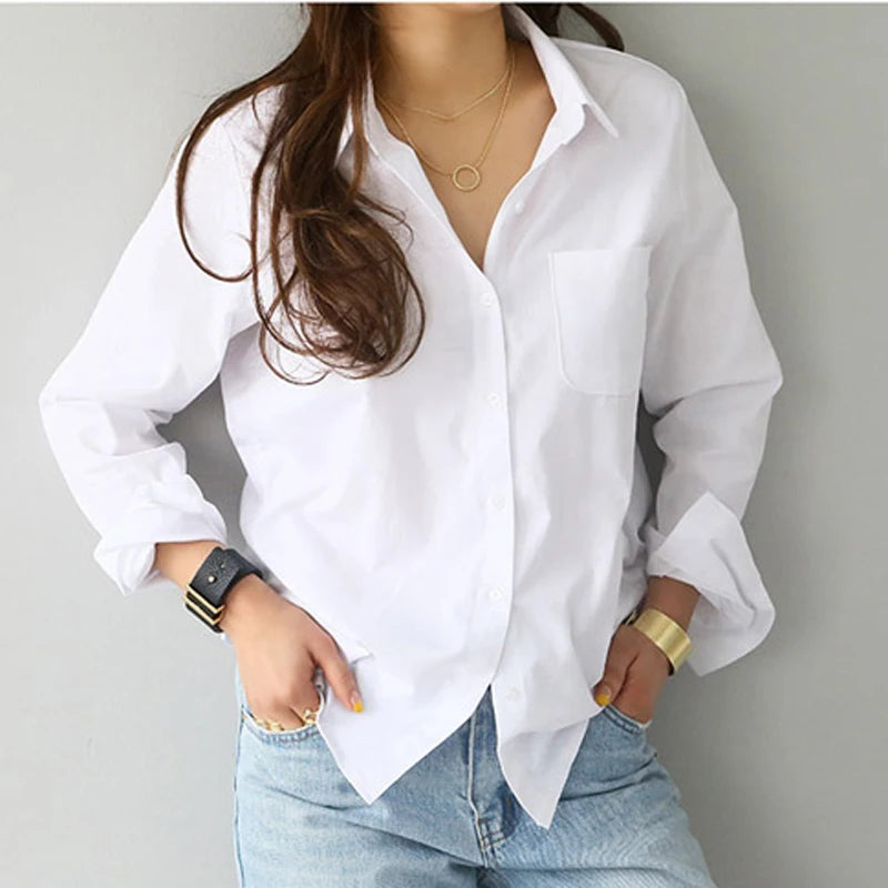 Camisa blanca de manga larga para mujer, informal, con cuello vuelto, para el trabajo, para la oficina, con botones, suave, lisa, para mujer, nueva moda