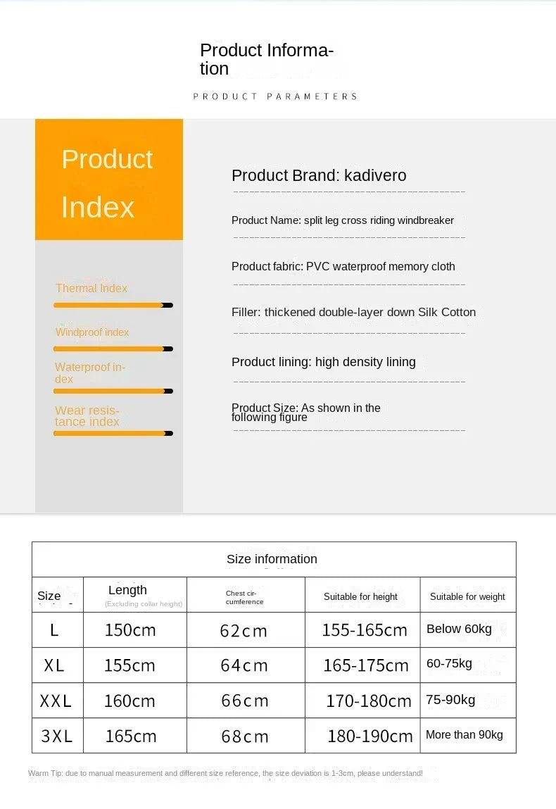 Chaqueta cortavientos para motocicleta, con piernas divididas, para montar a horcajadas, cálida, para esquiar, para invierno, gruesa, para montar en bicicleta eléctrica.