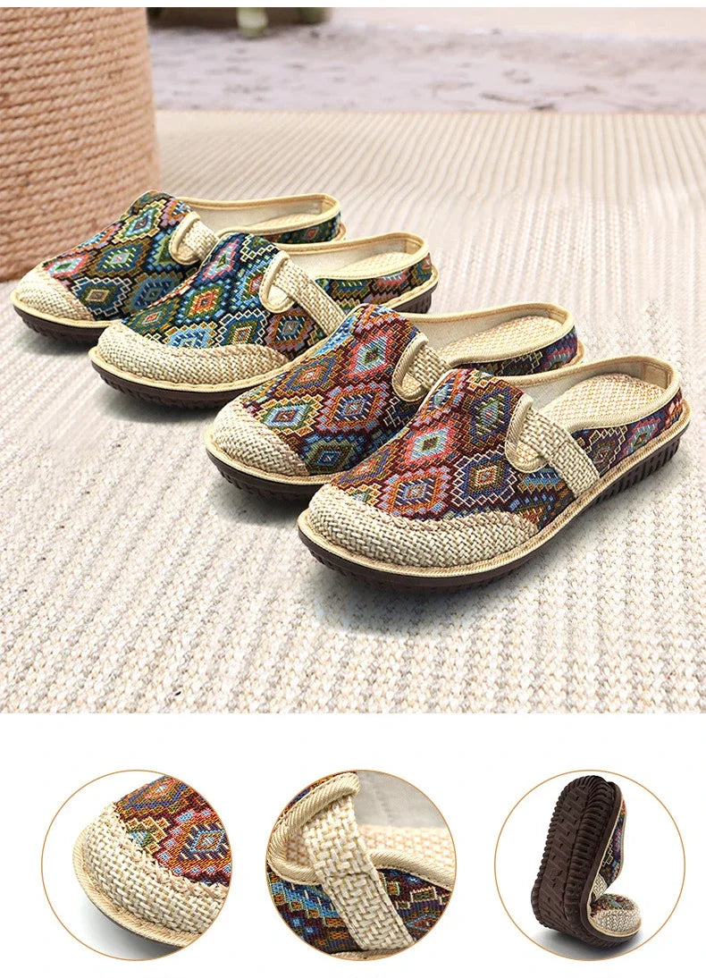 Fashion Women's Shoes Ethnic Style Embroidered Linen Breathable Outdoor Casual Slippers Shoes for Women Zapatos De Mujer 2024