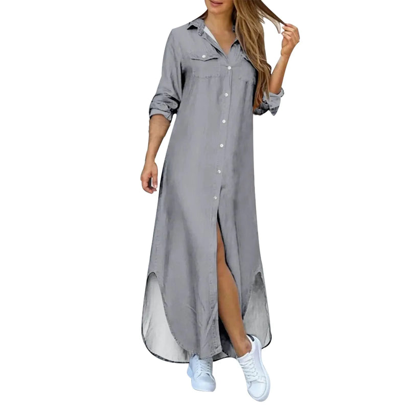 Vestido camisero elegante de moda de verano para mujer 2023, estampado de manga larga con botones, ropa informal para oficina y vacaciones, vestido largo para mujer