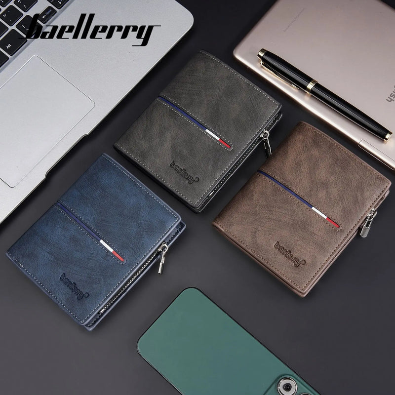 2024 Fashion PU Leather Men's Wallet Short Zipper Card Holder Simple Slim Coin Pocket Leisure Short Wallet