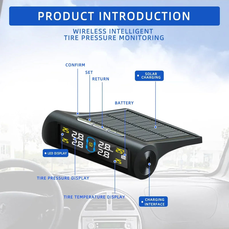 TPMS 4 Sensors Car Tire Pressure Alarm Monitor System Solar Smart Intelligent Warning Display Auto For Car SUV MPV