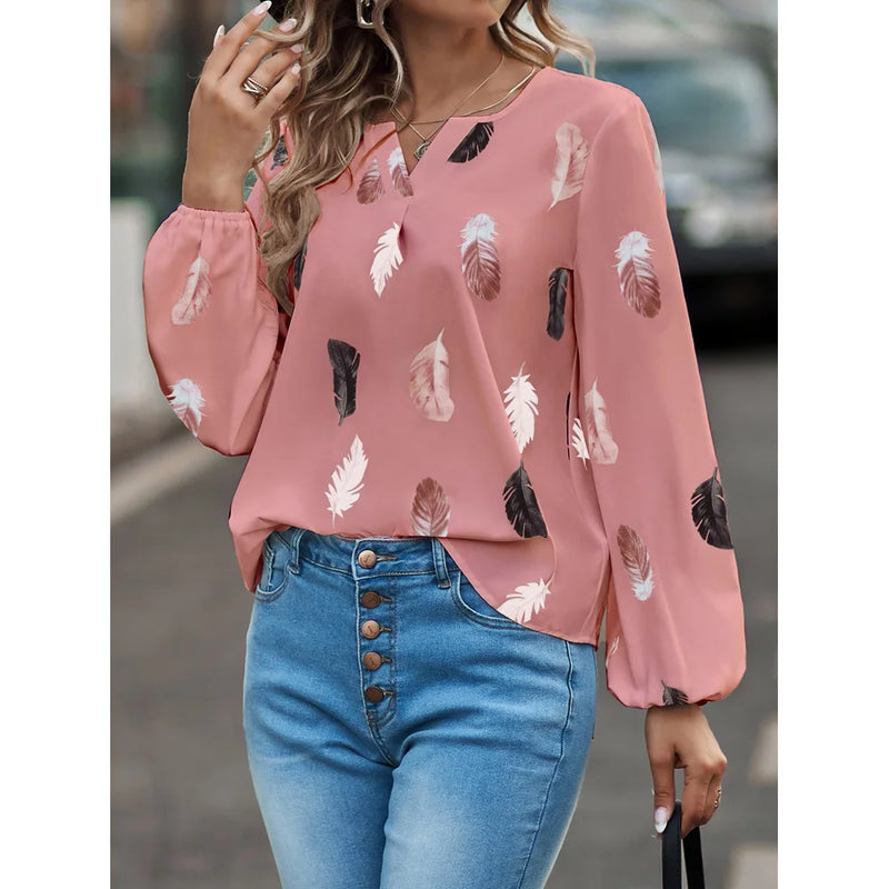 Fashion Woman Blouse Shirts For Women Stylish Top long Sleeve Feather Pattern Female Tops Elegant Chiffon Mujer Woman Clothes