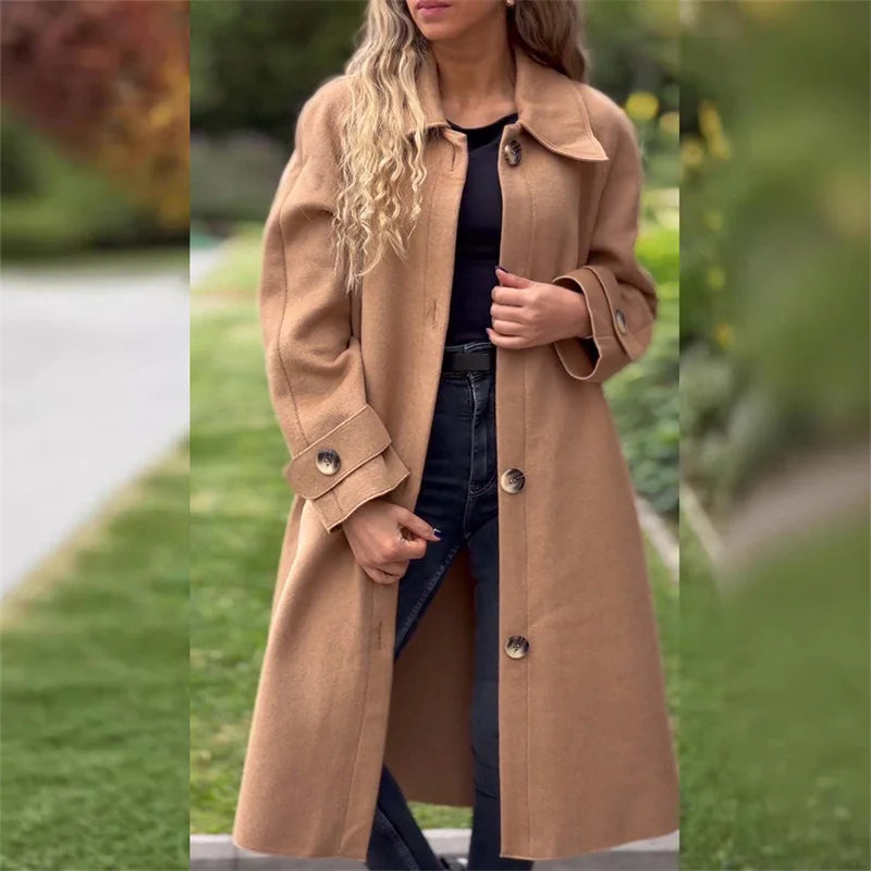 Autumn Winter Single-breasted Cardigan Tweed Jacket Women Large Lapel Double Pockets Long Outerwear Female Casual Commuter Coat