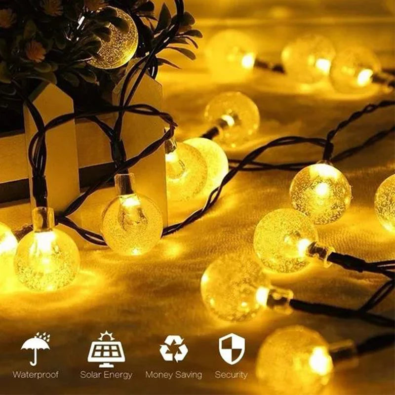 Guirnalda de luces solares para exteriores, guirnalda de luces de cristal para Navidad, 8 modos, resistente al agua, para patio, decoración de fiestas en el jardín