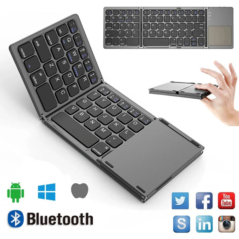 Mini teclado inalámbrico plegable con Bluetooth y panel táctil para teléfonos Windows, Android, iPad, recargable