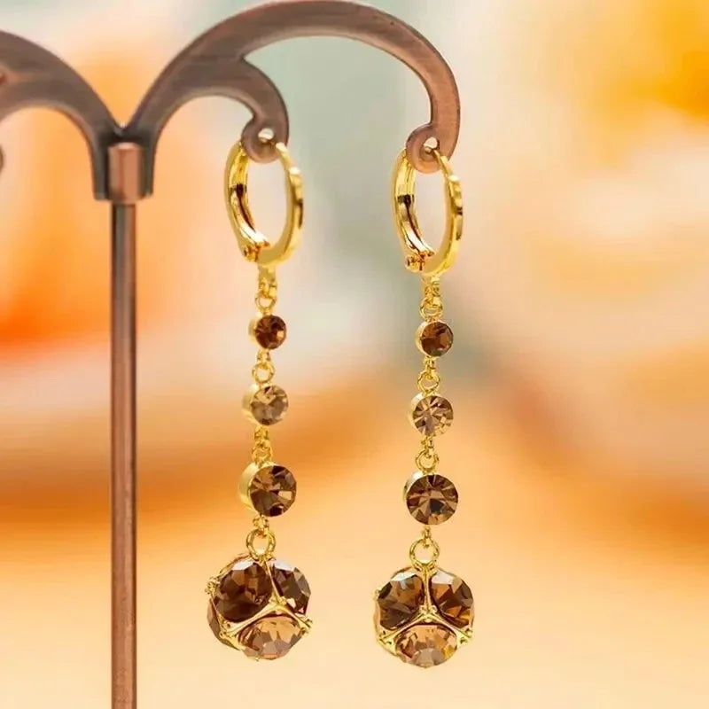 Pendientes elegantes y modernos con borlas de circonita y bola de diamantes de imitación marrones para mujer, accesorios de uso diario, regalos de joyería para fiestas