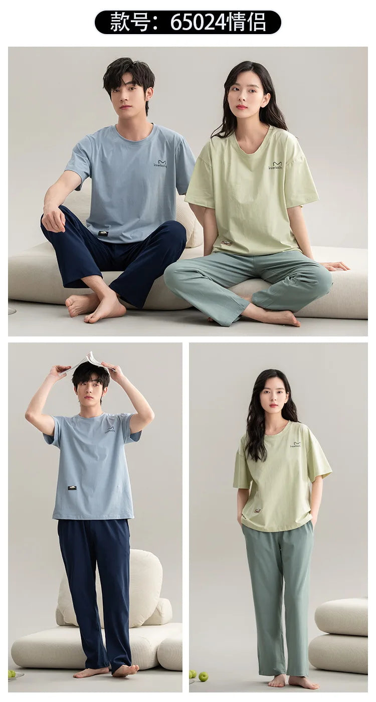 Couple Pajamas Summer Cotton Short Sleeve Trousers Sleepwear men's women's 2024 new simple loungewear pijama feminino Hombre