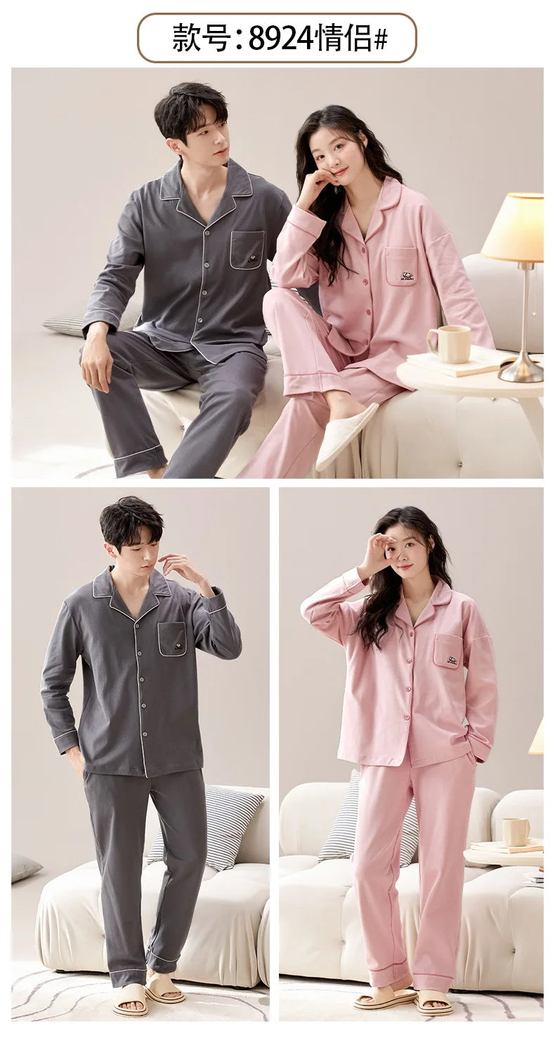 2024 New Cotton Homewear for Couples Autumn Women and Men Matching Cardigan Pajamas Set Young Girl Boy Pjs Pijamas Mujer Hombre