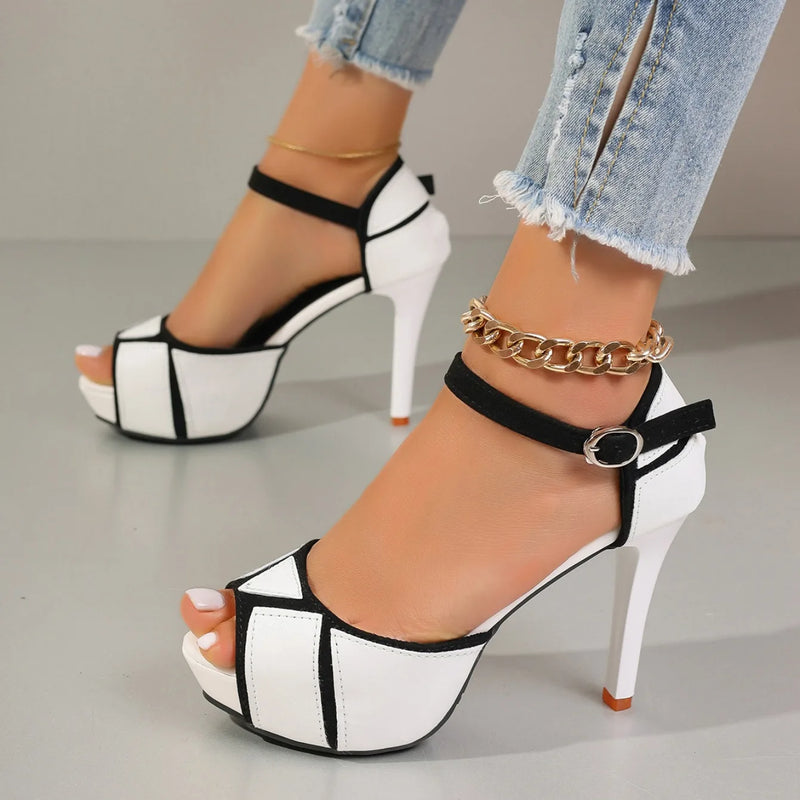 Women's Sandals Colorblock Peep Toe Platform Pumps Summer Fight Color Shoes Fish Mouth High Heels Sexy Thin Heels Dress Shoes