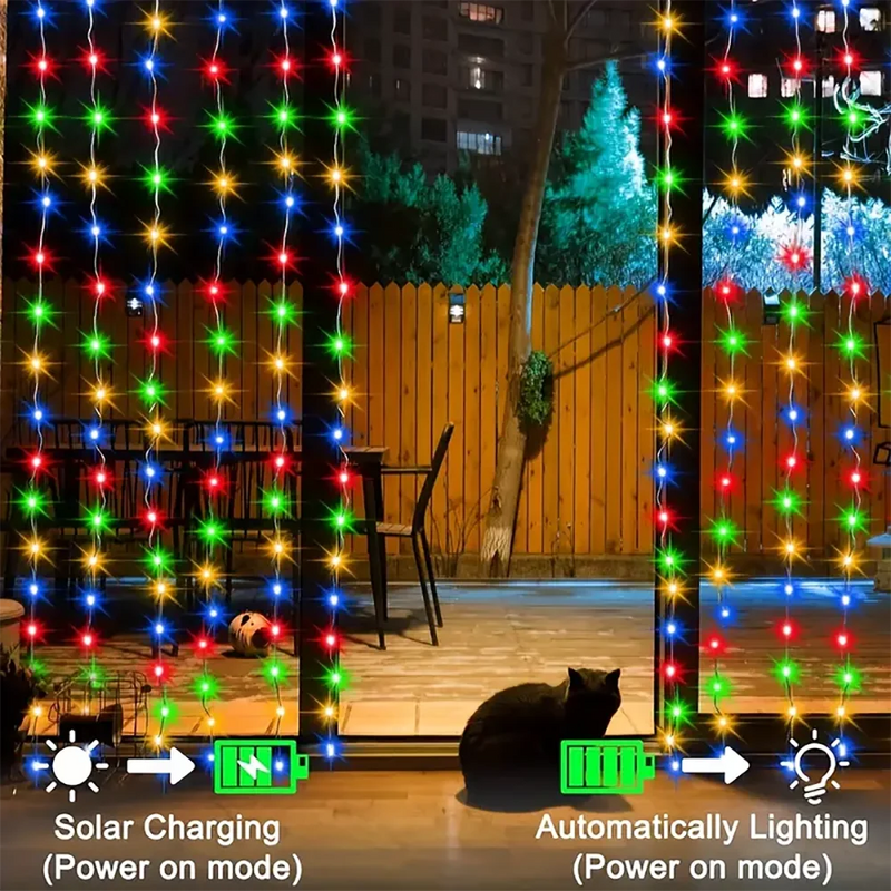 3x3M 300Leds Solar Curtain String Lights Outdoor Waterproof Garden Decoration Fairy Garland 8 Lighting Modes Christmas Lighting