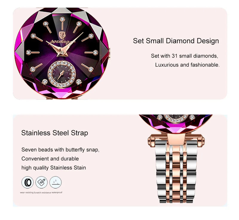 POEDAGAR Reloj de pulsera de lujo para mujer, elegante reloj de acero inoxidable resistente al agua para damas, relojes de cuarzo con diamantes para mujer, Reloj